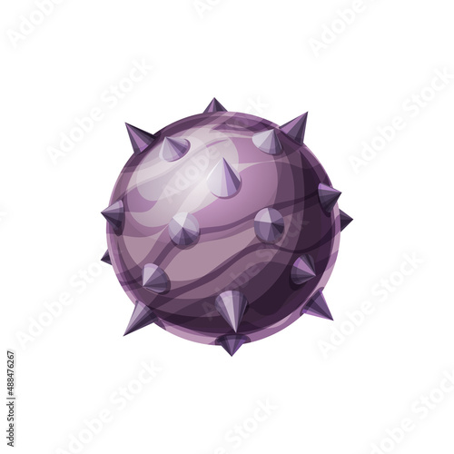 Far alien world, fantasy planet with thorns or fangs, satellites in space isolated flat cartoon icon. Vector galaxy exoplanet deep space planet. Asteroid, inhabitable place in outer space atmosphere