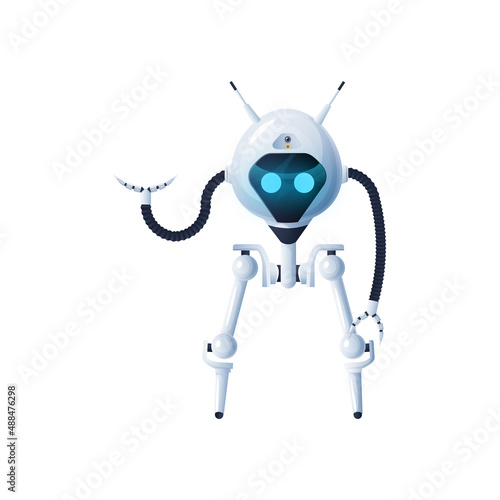 Cyberpunk manufacturing cyborg, electronic android automation isolated icon. Vector robot with suction claw limbs, industrial machine. Robot with hands on two legs, character with flexible arms