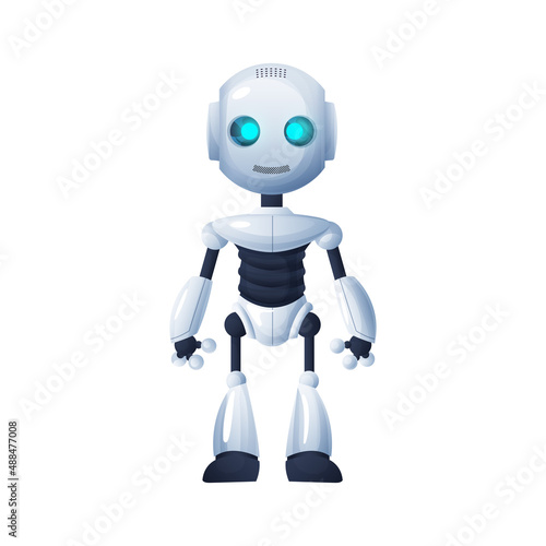 Future robot with hands and legs, full length portrait isolated robot hi-tech character. Vector giant robot mechanical sci fi futuristic kids toy. Modern robotic cyborg, humanoid robot smart helper
