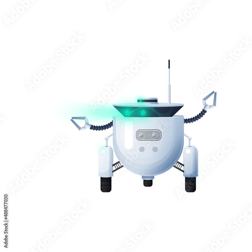 Ai intelligence future robot machine on wheels isolated future helper. Vector sci fi alien, electronic futuristic character smart helper. Repairman cyber machine, android toy on remote control