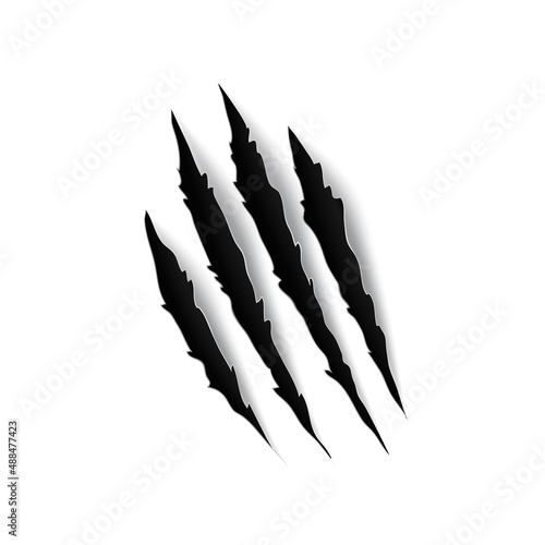 Black bloody claws animal scratch scrape track isolated icon. Vector cat tiger scratches paw shape, four nails trace in flat design. Wild animal nails of tiger, bear or cat paw sherds on paper texture