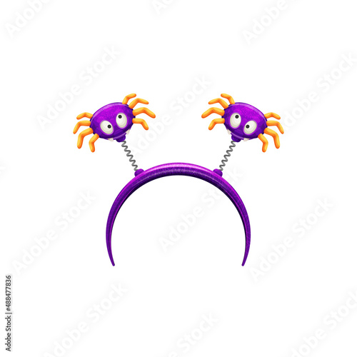 Funny cartoon spiders Halloween creepy headband isolated icon. Vector head hoop with purple funny spiders, hair band party costume element, spooky masquerade accessory. Childish decor with bugs