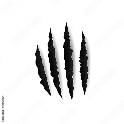 Four claws scratch trace isolated wild animal nails track on paper sheet. Vector tiger, bear or cat paw sherds. Realistic 3d marks lion, monster or beast breaks, horror grunge slashes, damaged edges