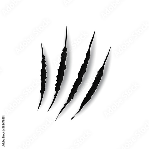 Black scratch scrape track from animal nails isolated monochrome icon. Vector dark bloody claws animal cat tiger lion panthera dragon wolf scratches of paw shape, four nails trace design element