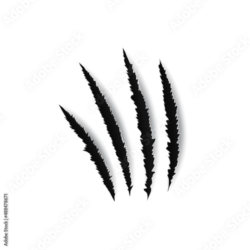 Trail marks of dragon or beast, lion monster, break traces on white paper texture isolated bloody marks. Vector bear claw marks, scratches, wild animal talon rips, predator nails cat tiger paws sherds