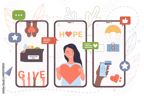 Online donation campaign vector illustration. Cartoon girl volunteer holding heart, hands with mobile phones donating money, medical humanitarian aid and holding give letters. Charity concept