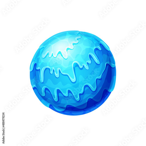 Fantasy planet of ice and snow, glacier globe, futuristic alien world isolated. Vector ice futuristic planet, blue fantasy world ui game interface design element. Inhabitable universe, frozen planet