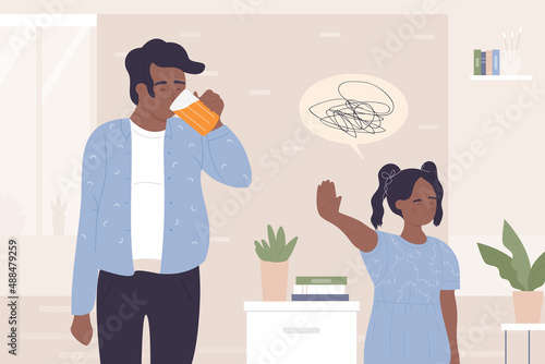 Angry girl showing stop gesture to father drinking beer vector illustration. Cartoon depressed sad kid protesting against unhealthy habits, alcoholism of dad. Alcohol addiction, family abuse concept