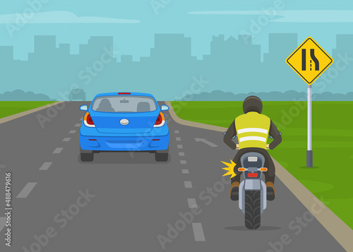 Safety car driving rules and tips. Right lane ends ahead merge left road sign meaning. Mandatory movements in lanes rule. Flat vector illustration template.