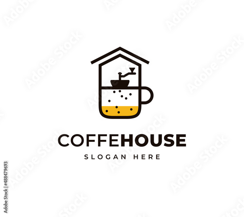 Coffee grinder house smell aromatic beverage shop vector logo design. Fresh coffee house vintage logo design