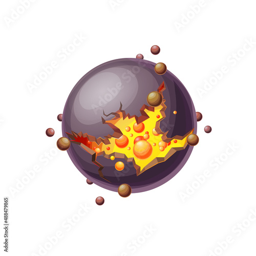 Burst of fantasy planet, far alien world isolated flat cartoon icon. Vector fiery globe in space, damaged planet, planetary object. Galaxy exoplanet deep desert surface, burning sphere in outer space