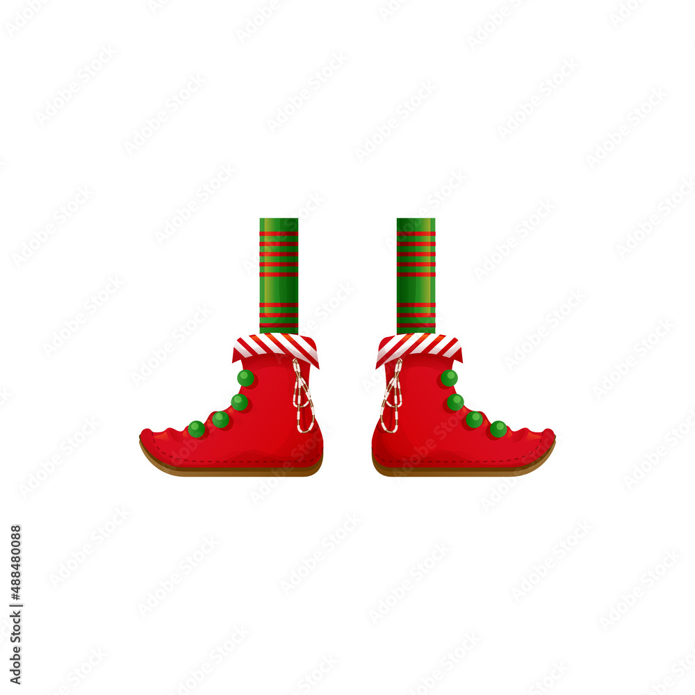 Gnome or elf helper legs isolated foot elements. Vector cute funny feet in striped stocking, carnival costume clothing. Holiday shoes, spring costume design. Fairy elvish boots, funny clown shoes.