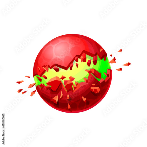 Split fantasy planet, red far alien world green and yellow inside. Vector destroyed globe with virus in space, damaged planet, planetary object. Galaxy exoplanet cartoon sphere in outer space