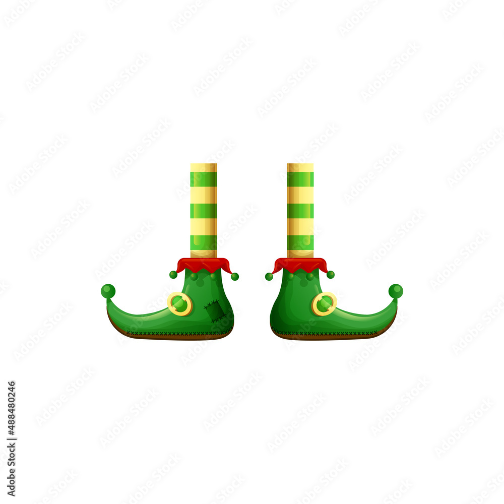 Naklejka premium Green shoes and striped stockings, elf legs foot elements. Vector cute funny feet in striped stocking and nosy shoes, cartoon limbs. Carnival costume clothing, party footwear, gnome or clown legs