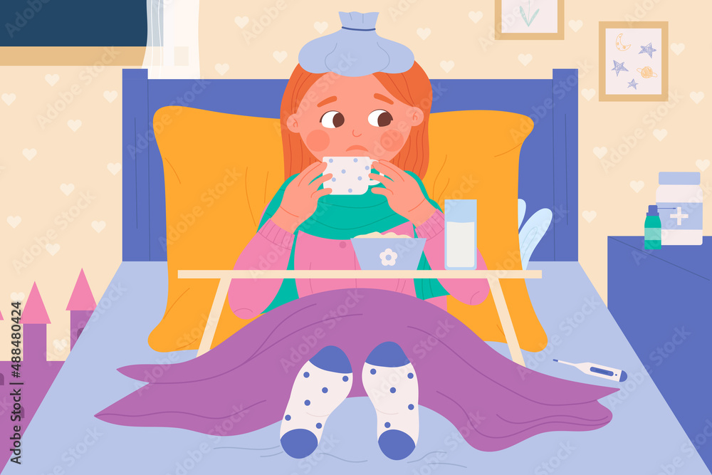 Sick child lying in bed with compress on head vector illustration. Cartoon cute little kid with fever, temperature and infection drinking hot drink in home bedroom, feverish sad girl patient ill Sick child lying in bed with compress on head vector illustration. Cartoon cute little kid with fever, temperature and infection drinking hot drink in home bedroom, feverish sad girl patient ill