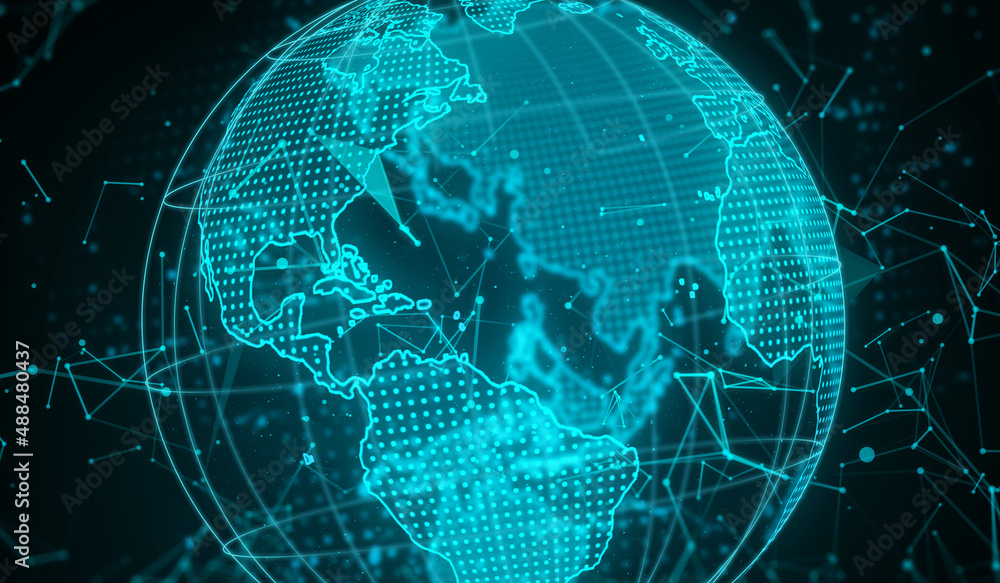 Fototapeta premium map world representing the global network line wire frame data business with network connection structure concept banner on blue background