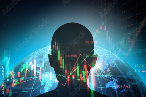 silhouette human head with trading stock or forex graph business concept banner background and map world representing the global network line wire frame data business