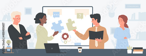 Team of business people meeting in office vector illustration. Cartoon group of persons connect puzzle pieces together, collaboration of employees standing at table to discussion about project
