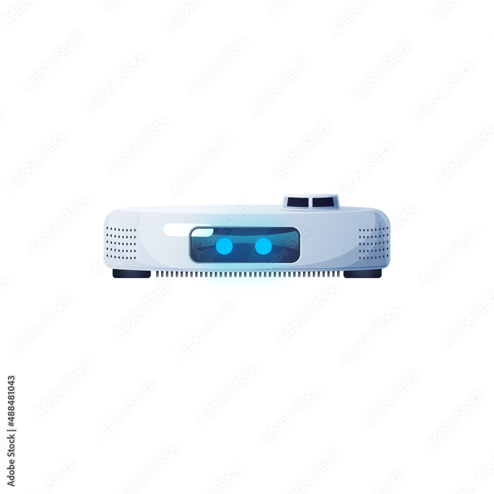 Smart robot vacuum cleaner household appliance isolated device in cartoon realistic design. Vector cleaning housekeeping hoover removing dust and dirt, VCR droid household appliance on remote control Smart robot vacuum cleaner household appliance isolated device in cartoon realistic design. Vector cleaning housekeeping hoover removing dust and dirt, VCR droid household appliance on remote control