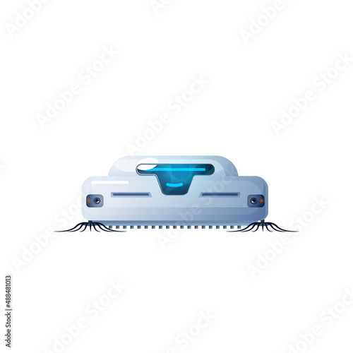 Modern robotic vacuum cleaner isolated smart electric device. Vector smart cleaning technology removing dust and dirt machine, VCR droid household appliance on remote control, housekeeping object