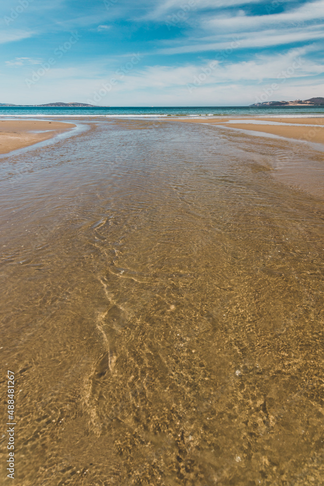 beautiful scenary of the Brown River estuary meeting the Pacific Ocean and golden sand of Kingston Beach in Southern Tasmania