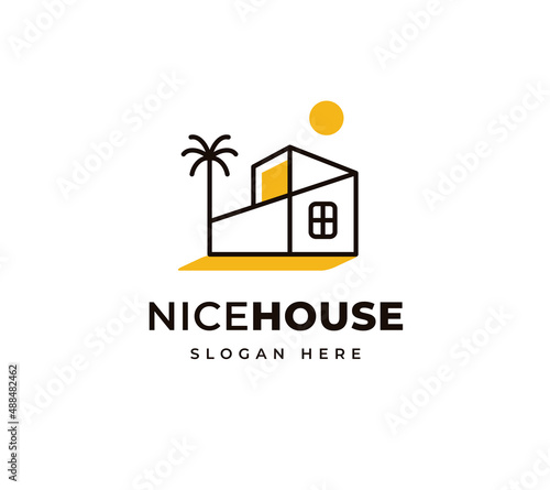 House modern palm tree beach vacation hotel vector logo design. Beauty view house building moon light day logo design