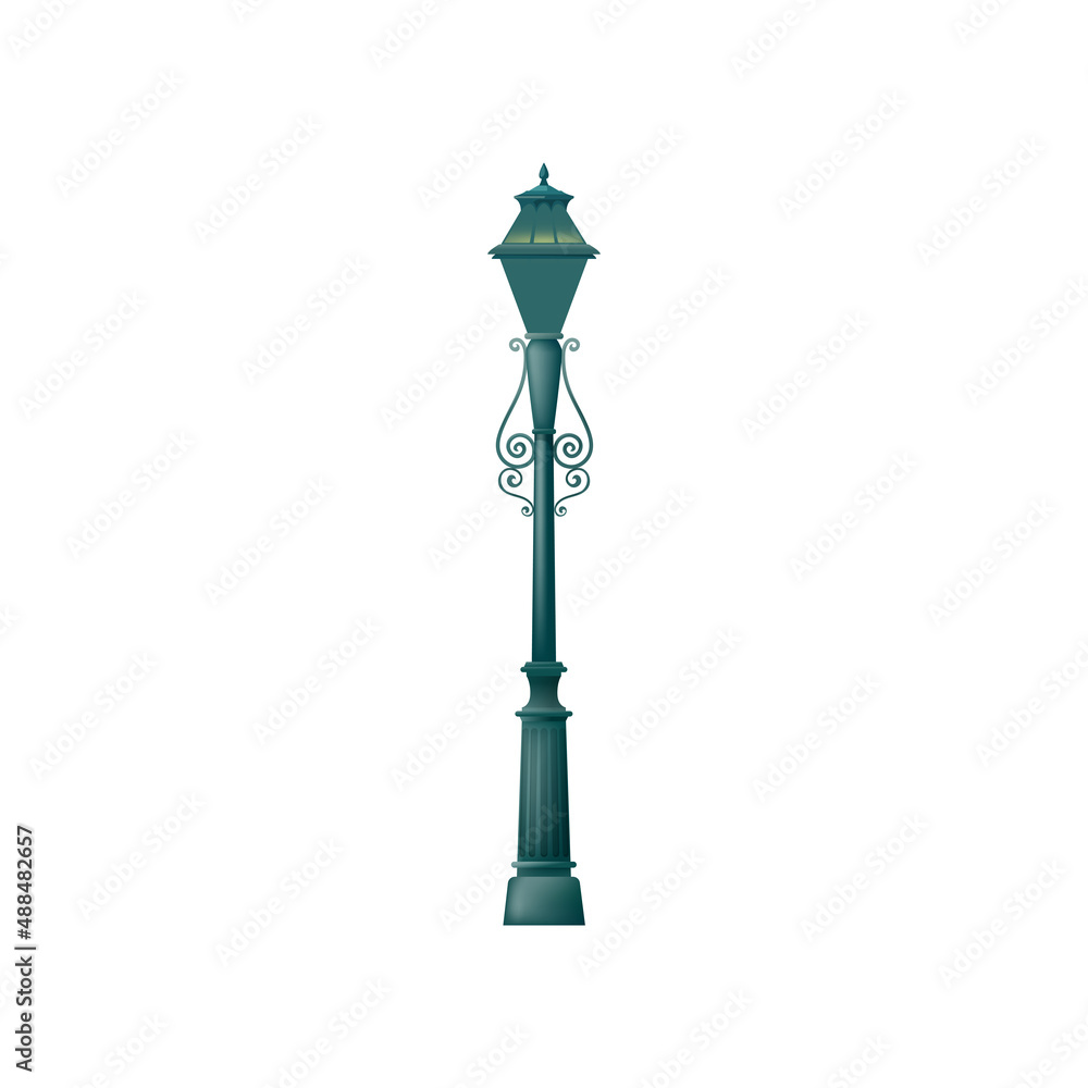 Old street lamp light post isolated pole pillar. Vector outdoor street lamp, urban park architecture design element. Antique lamppost, vintage cartoon gaslamp column, outdoors illumination object