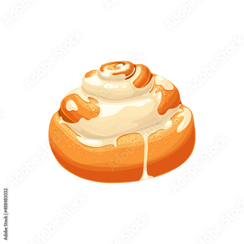 Kanelbullar bun with syrup, fresh bakery food roll isolated cartoon icon. Vector mini bun in shape of snail, fresh dessert, bakery food. Danish cinnamon roll, sweet cinnabon for patisserie menu