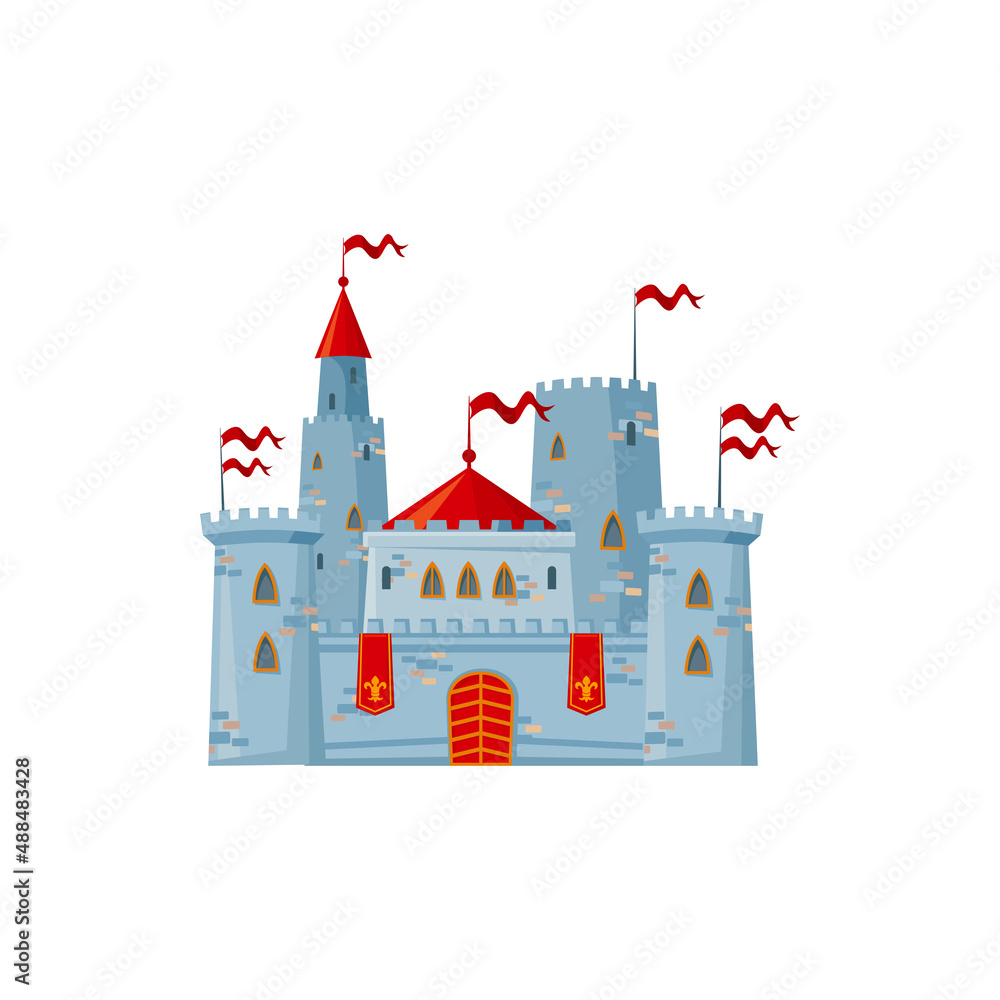 Fortress with arch gates, royal banners on walls with fleur-de-lis emblems, retro french citadel with red flags on towers. Vector palace of stone, kingdom architecture exterior royal building Fortress with arch gates, royal banners on walls with fleur-de-lis emblems, retro french citadel with red flags on towers. Vector palace of stone, kingdom architecture exterior royal building