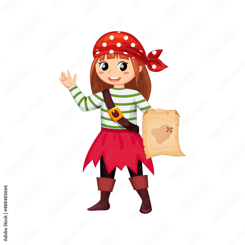 Cartoon happy smiling girl pirate, kid corsair in carnival or Halloween party costume. Vector child buccaneer personage wear bandana, skirt and vest holding treasure map. Isolated baby freebooter Cartoon happy smiling girl pirate, kid corsair in carnival or Halloween party costume. Vector child buccaneer personage wear bandana, skirt and vest holding treasure map. Isolated baby freebooter