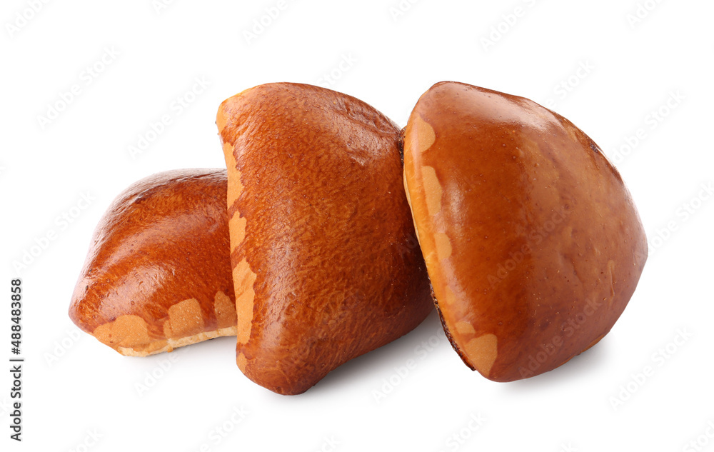 Many delicious baked patties on white background Many delicious baked patties on white background