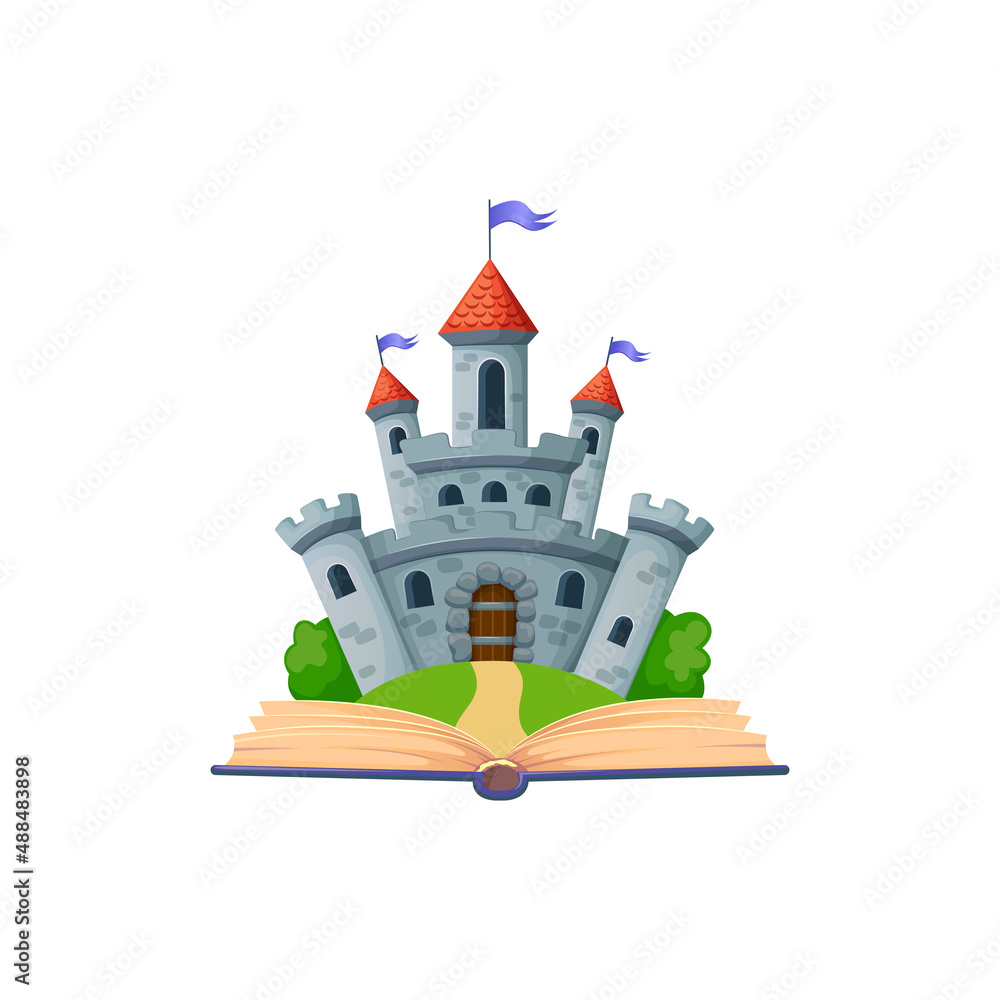 Cartoon princess castle, palace from fairy book isolated tower on book. Vector palace or fortress with flags, building with brick towers. Architecture citadel, princess prince home from stories Cartoon princess castle, palace from fairy book isolated tower on book. Vector palace or fortress with flags, building with brick towers. Architecture citadel, princess prince home from stories