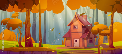 Autumn forest with wooden house on glade. Vector cartoon illustration of deep woods landscape with forester hut, grass and orange trees. Fall scene with cottage