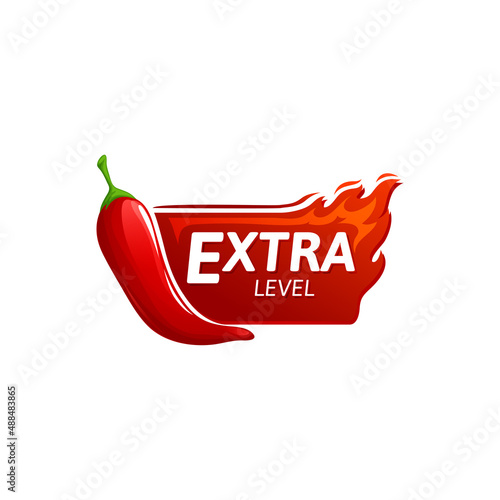 Scale of flavor of vegetarian food maxi red hot chili pepper taste emblem. Vector extra hot food seasoning condiment, burning fire flame. Extraordinary spicy food, fiery spicy cayenne chili pepper