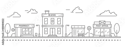City skyline in line art style. Landscape with row houses of bank, pharmacy, bus stop and post office. Street horizontal panorama. Vector illustration