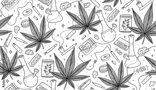 Seamless doodle pattern with cannabis leaves, buds and joints. Weed background.