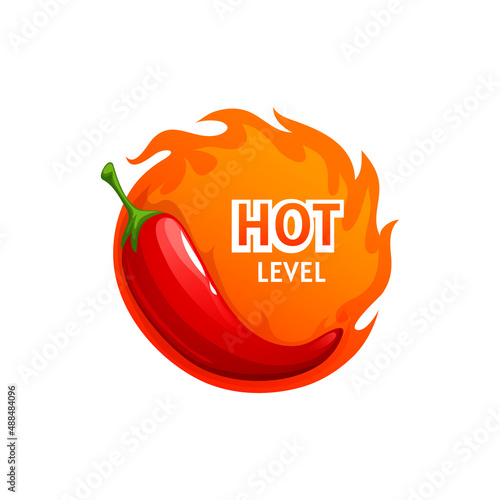 Hot level of mexico chili pepper spicy, orange burning fire round cartoon label. Vector scale of flavor of vegetarian cooking condiment spice. Flame and spanish fiery food, pepper spicy level scale