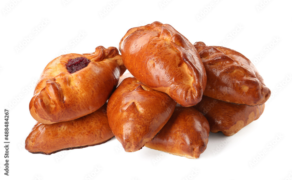 Many delicious baked patties on white background Many delicious baked patties on white background