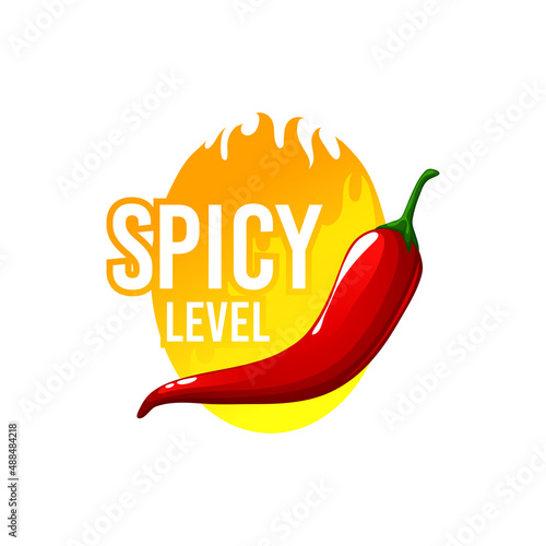 Spicy chili pepper yellow sauce level, traditional Mexican and Chinese food rate. Vector scale of flavor of spicy vegetarian flavoring seasoning medium spice chili pepper, burning fiery food in flame