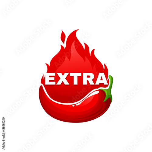 Extra level of chili spicy level rating sticker isolated cartoon sticker. Vector chili habanero extraordinary heat scale maxi hot emblem, red burning fire. Flavour asian or mexican cuisine food rate