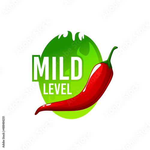 Spicy chili pepper green sauce level mild. Traditional Mexican and Chinese spicy food. Vector spicy rating sticker, mild level of habanero jalapeno cayenne ketchup flavor, cartoon sticker indicator