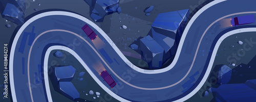 Night road with cars top view, winding highway rocky land surface. Cartoon overhead background with modern infrastructure in mountains area, two-lane curve asphalt pathway, Vector illustration