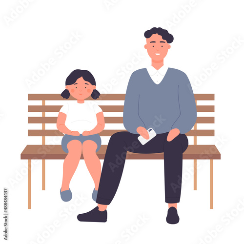 Father and his daughter staying on wood bench. Spending happy family moments together cartoon vector illustration