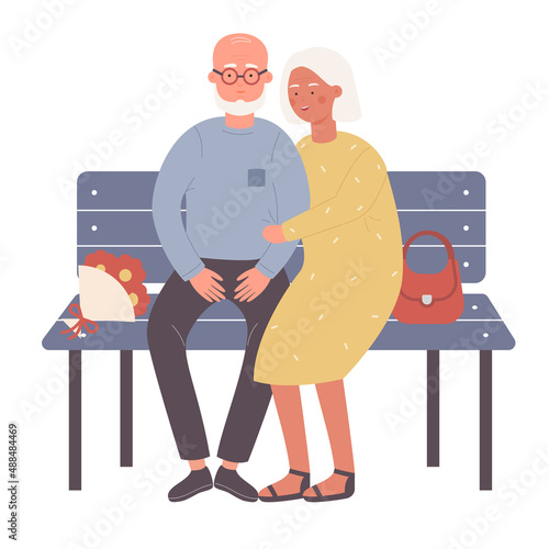 Senior happy couple sitting on wooden bench. Elderly man giving bouquet flower to his wife cartoon vector illustration