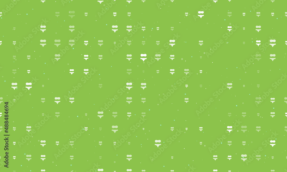 Seamless background pattern of evenly spaced white bikini symbols of different sizes and opacity. Vector illustration on light green background with stars