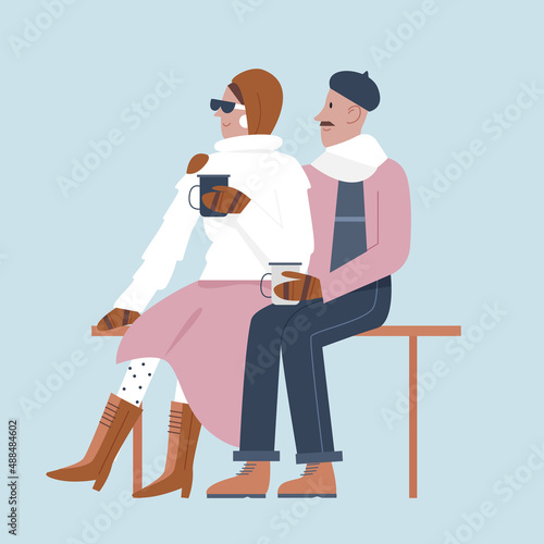 Stylish lovely couple sitting on outdoor bench. Drinking hot drink in cold winter season cartoon vector illustration