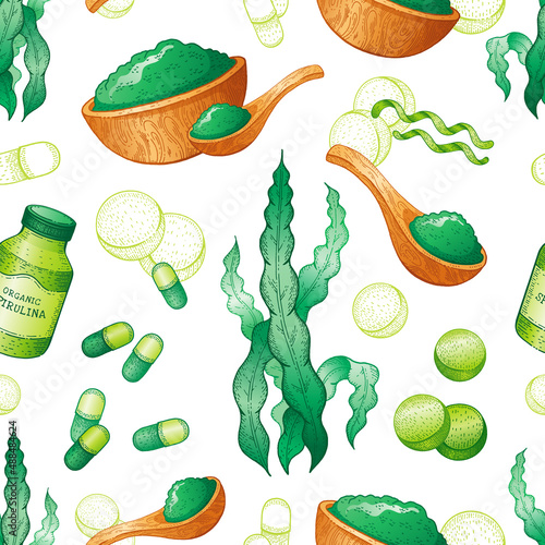 Spirulina seaweed pattern. Seamless spirulina vector plant background. Powder food green algae wallpaper. Hand drawn illustration. Sketch chlorella superfood pattern. Seafood medicine drawing photo