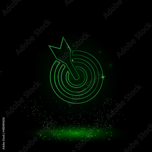 A large green outline goal symbol on the center. Green Neon style. Neon color with shiny stars. Vector illustration on black background