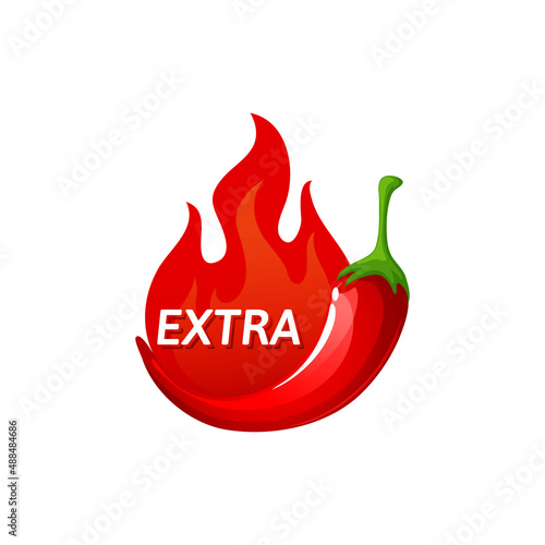 Chili habanero red pepper taste maxi hot emblem, burning fire flame cartoon sticker. Vector extraordinary spicy level of jalapeno, tabasco or ketchup flavour spice, asian or mexican cuisine food taste