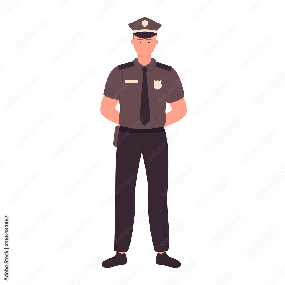 Standing policeman with crossed arms behind back. Male police officer wearing working uniform cartoon vector illustration